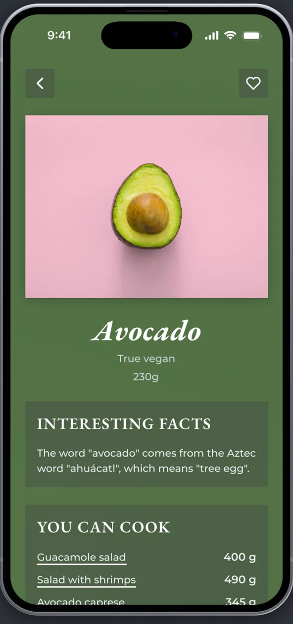 An ingredient page for avocado, with facts and related recipes