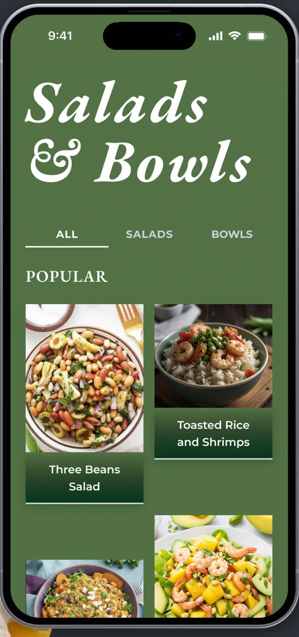 The app's home screen, showing popular salad and bowl recipes