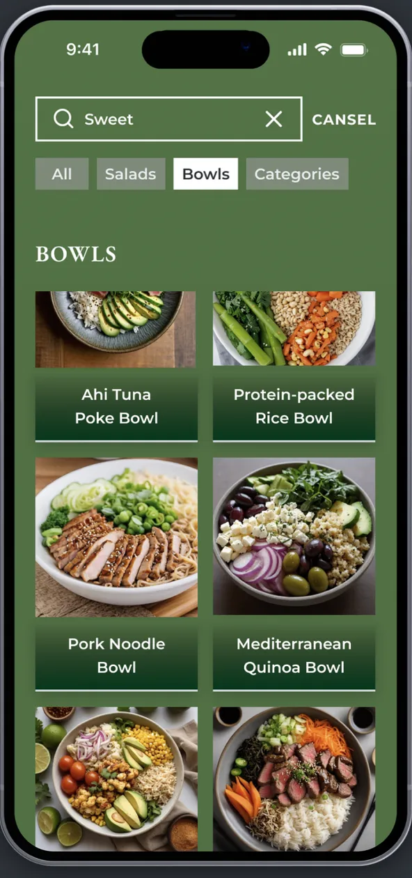 Searching the app and browsing bowls by category
